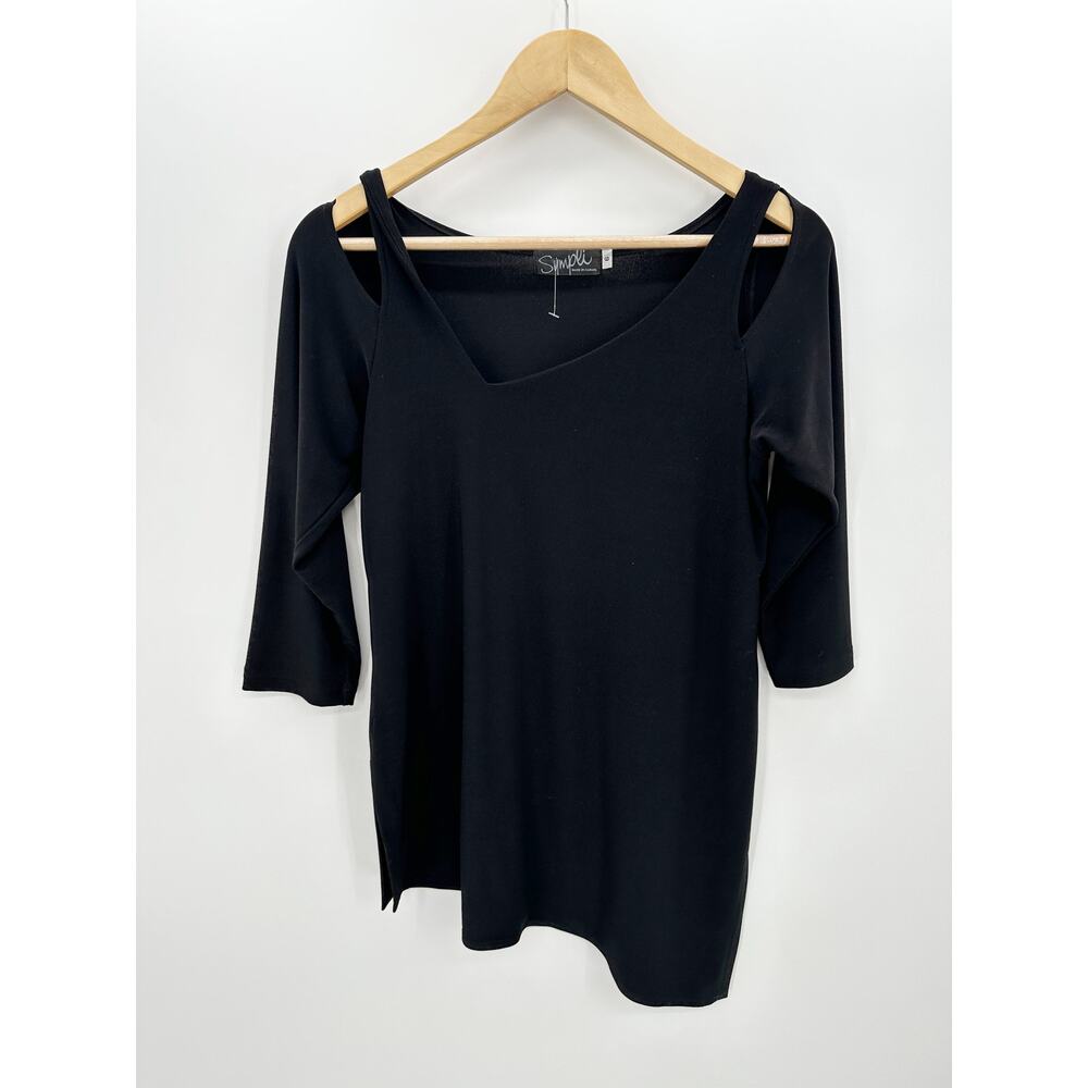 Sympli Womens 6 Black Cut Out Asymmetrical Focus Blouse Top 3/4 Sleeve Stretch‎